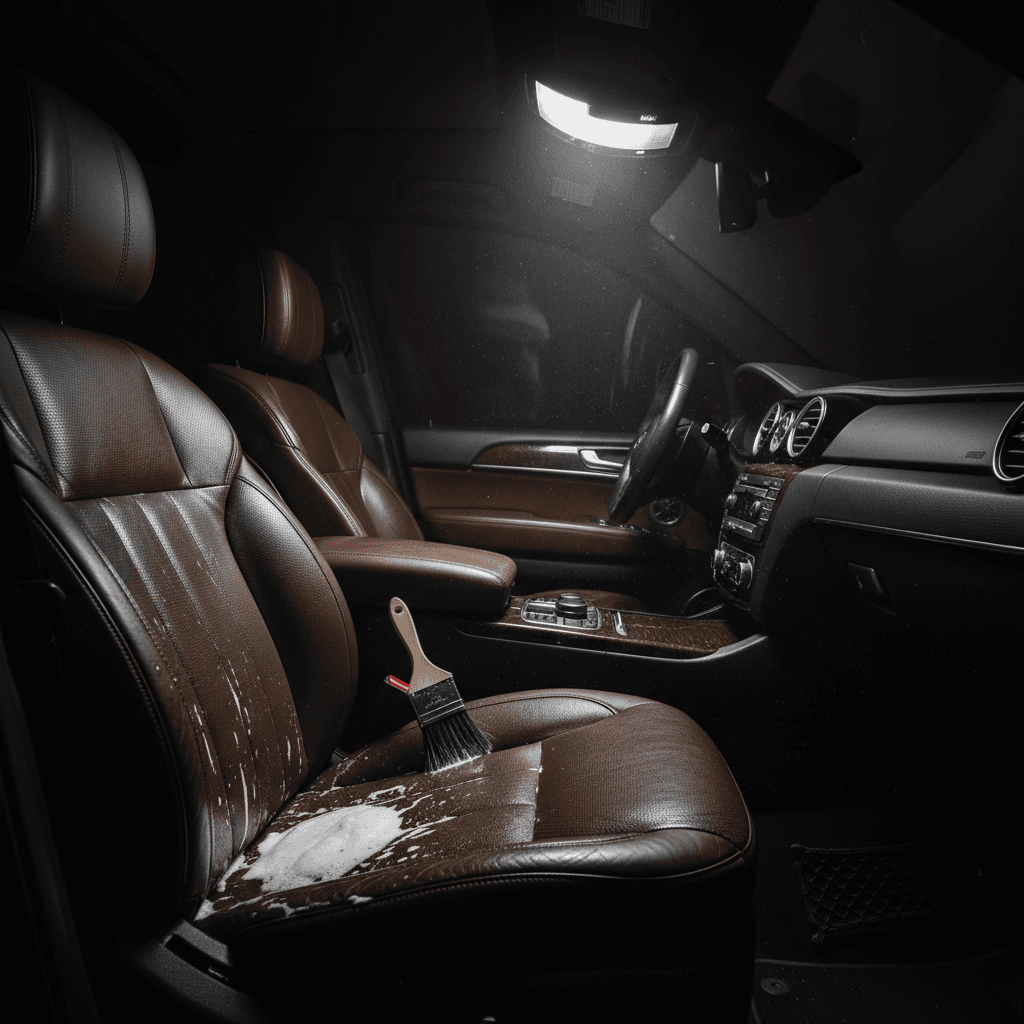 Dark interior detailing close-up of a leather car seat during shampooing