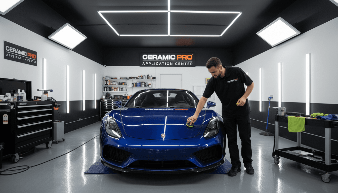 Detailer applying ceramic coating to a vehicle's hood with a microfiber cloth