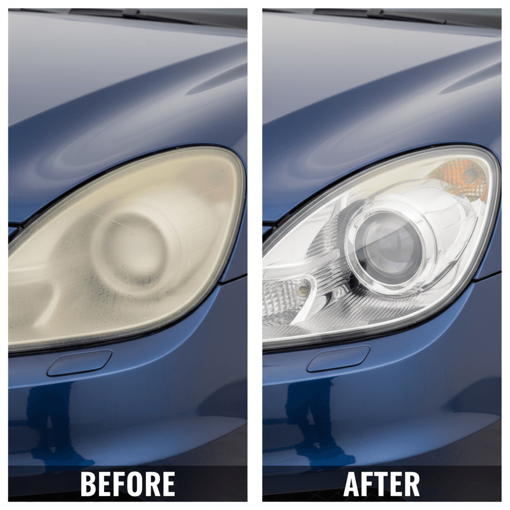 Before and after comparison of foggy headlight versus restored clear lens