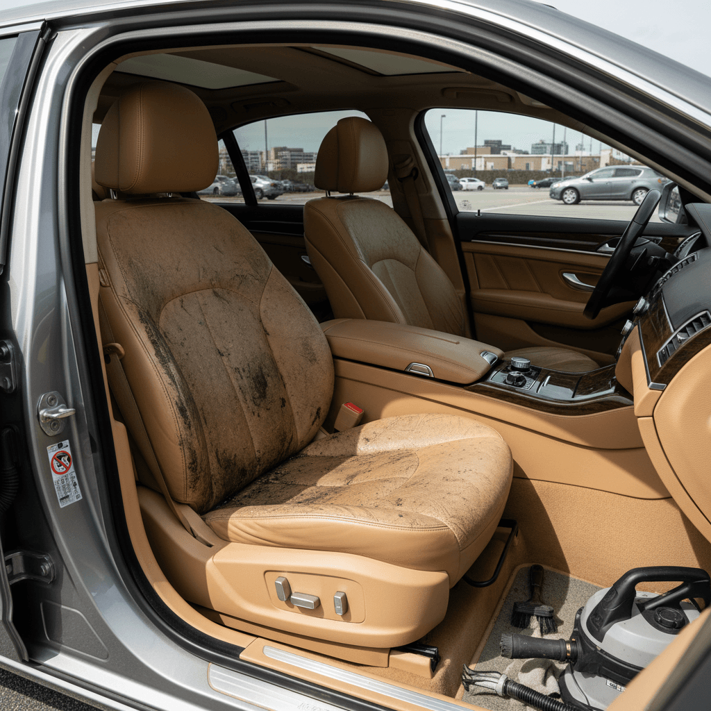 Split view of a car's tan fabric seat, left half stained and matted, right half deeply cleaned with restored texture.
