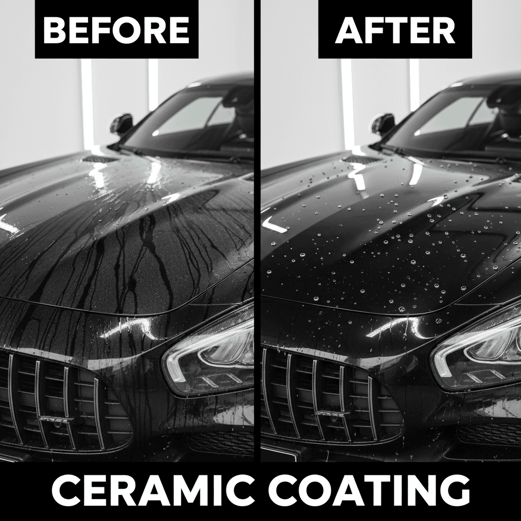 Black Mercedes with ceramic coating, water beading on hood