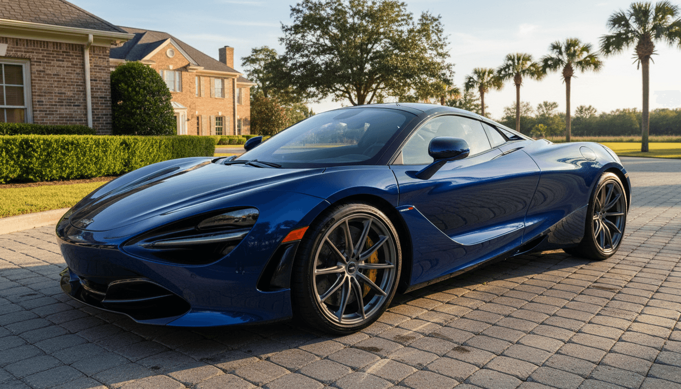 Glossy ceramic coated car reflecting sunlight in a driveway