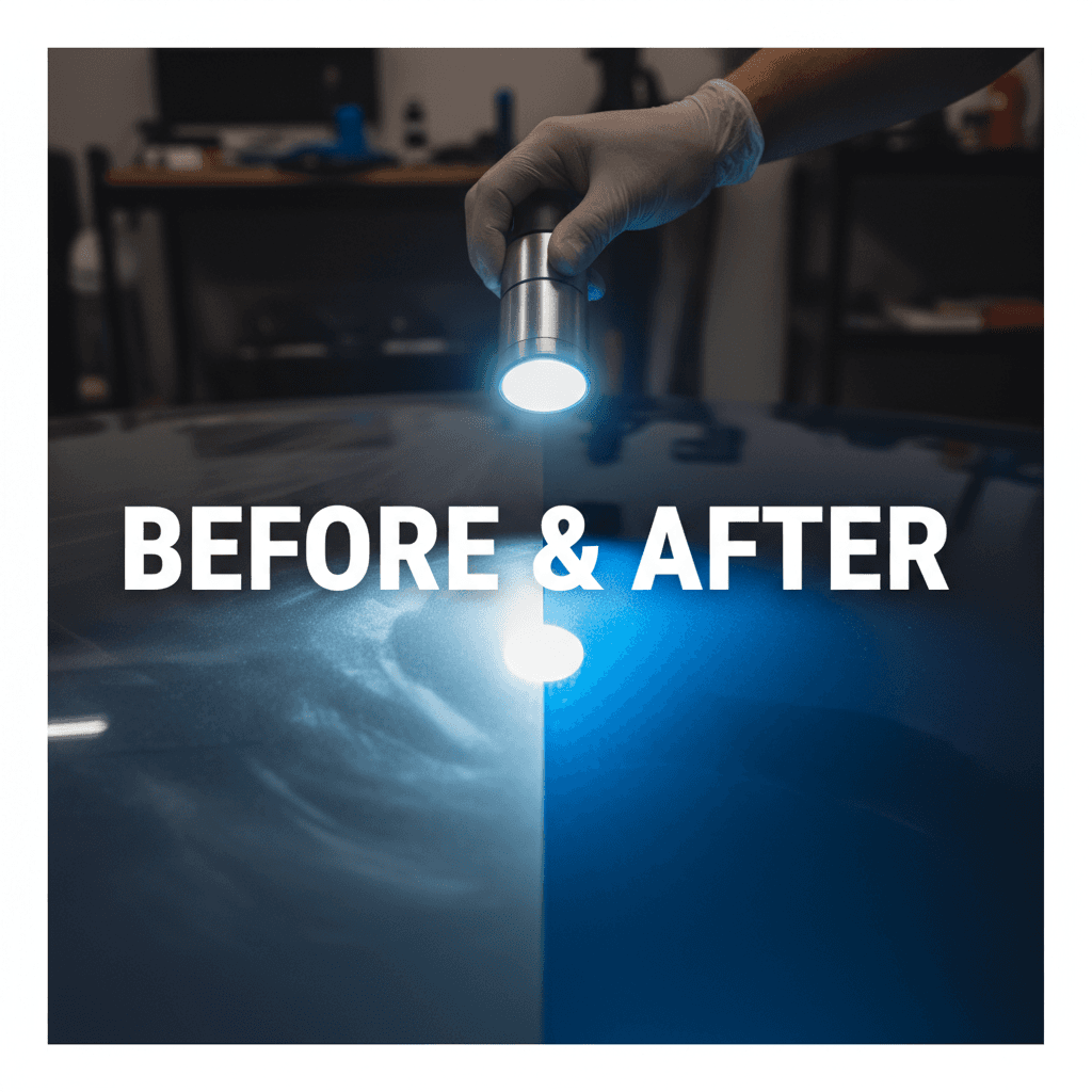 Hand holding a light over a car hood showing the clear difference between hazy and corrected paint