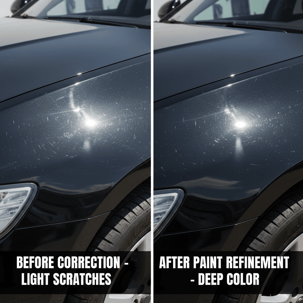 Car fender with light surface scratches on one half and rich deep paint color with crisp reflection on the corrected half