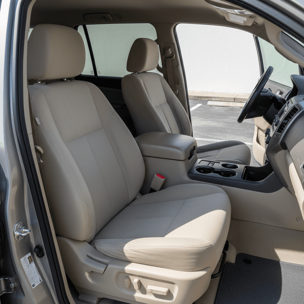 Wide-angle shot of SUV interior after full shampoo treatment showing clean seats and floor mats