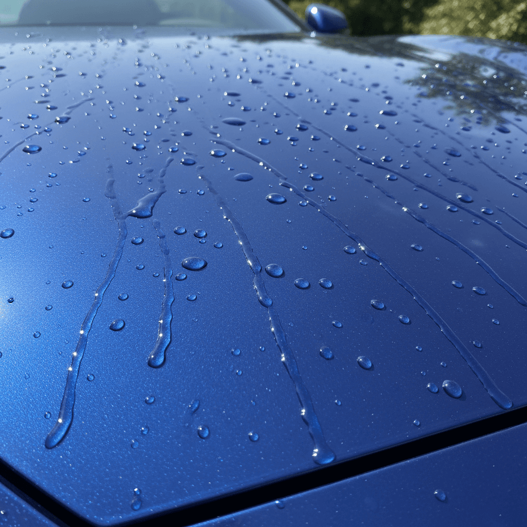 Water rolling off ceramic coated hood