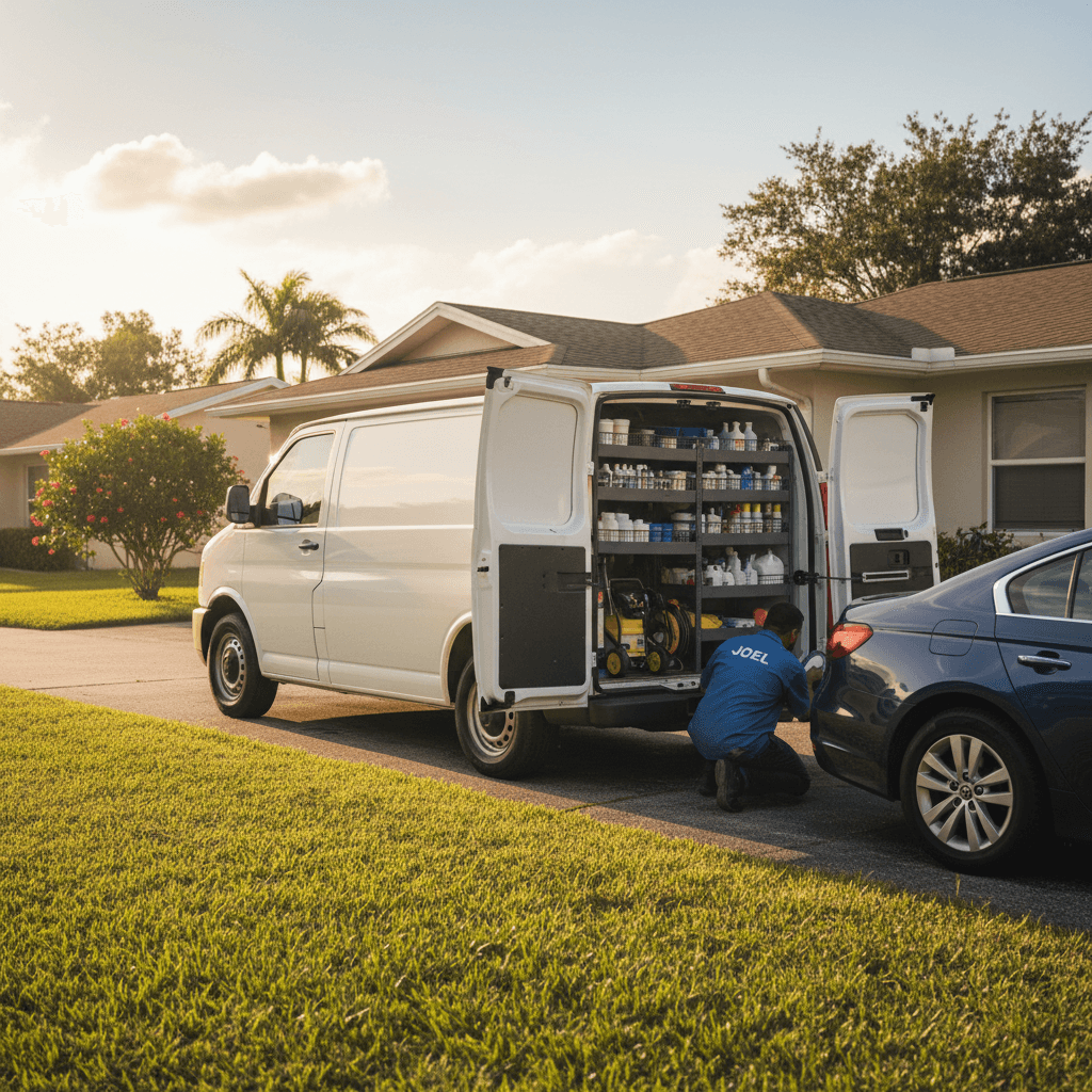 Mobile detailing van in Davie with technician applying ceramic coating