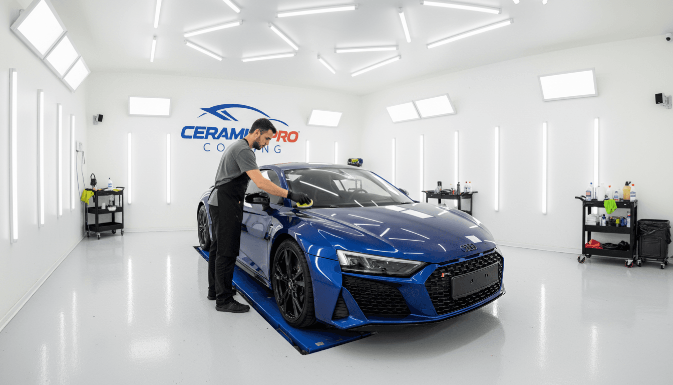 Detailer applying ceramic coating to a glossy car in a professional shop
