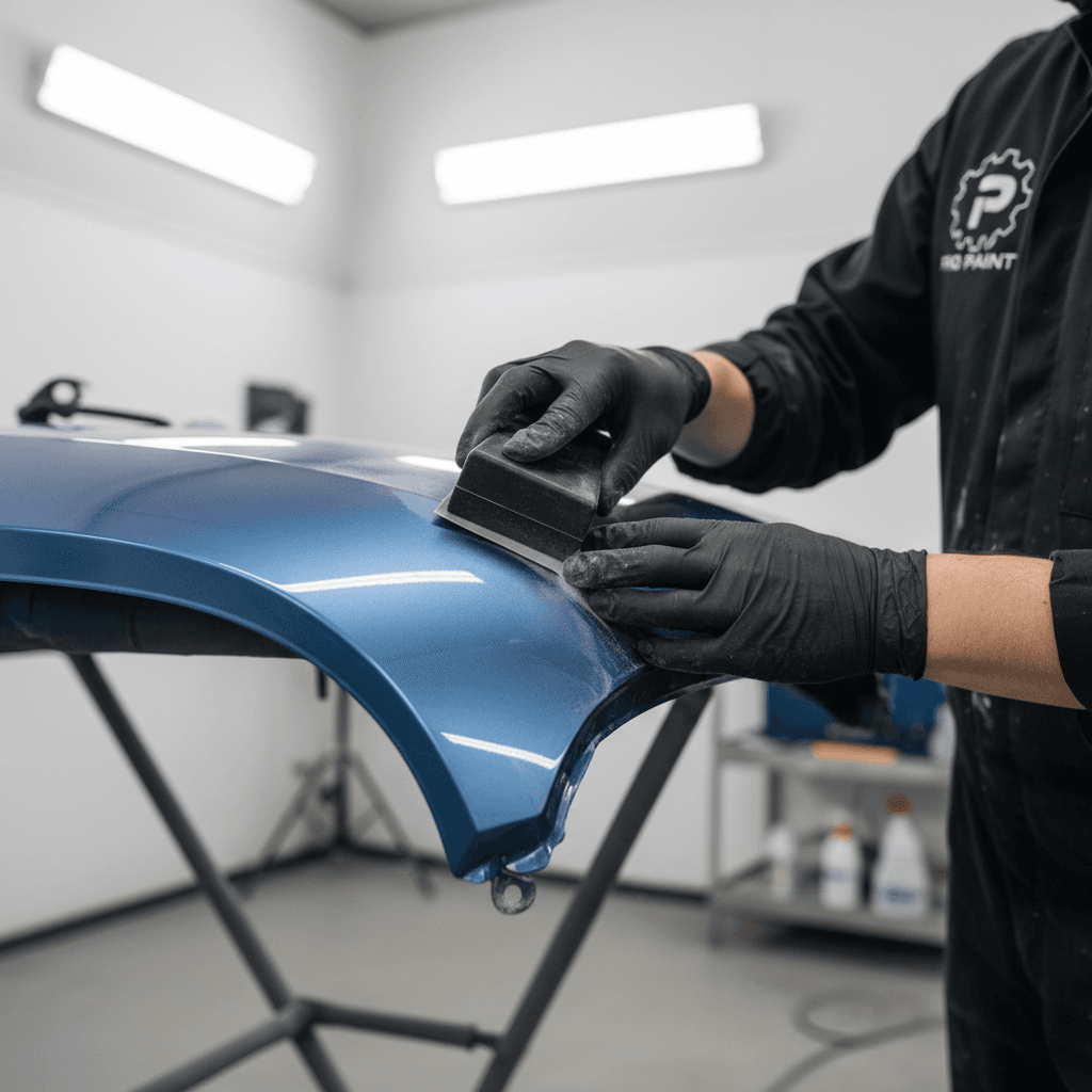 Hand sanding a car panel during paint correction