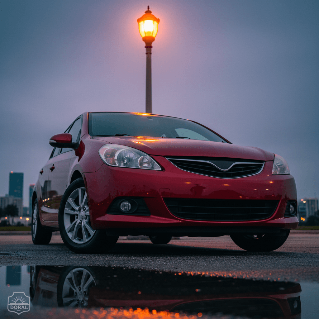 Low-angle shot of a red hatchback at twilight after a complete exterior detail showing wet-look finish