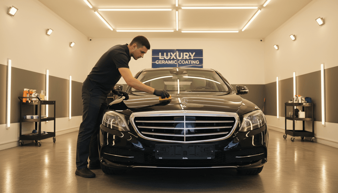 Auto detailer applying ceramic coating to a luxury sedan