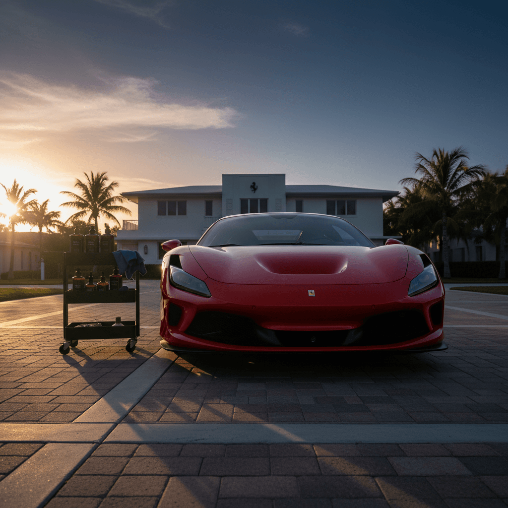 Red Ferrari being detailed in a South Beach driveway at sunrise