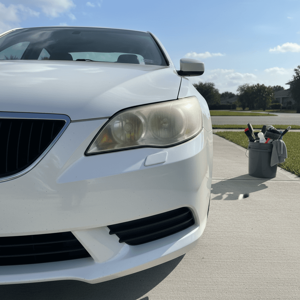 Front end of a white sedan with one headlight hazy and yellowed, the other crystal clear after headlight restoration.