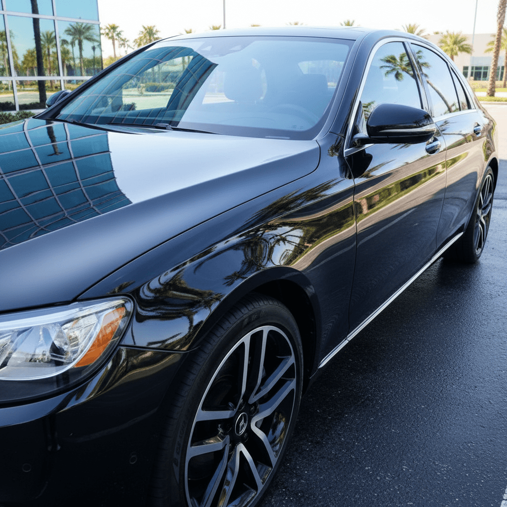 Black sedan with glossy reflection after ceramic coating, bright sunlight showing deep paint shine