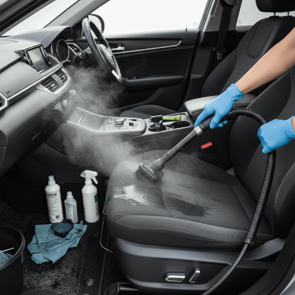 Seat shampooing in progress on a car's fabric upholstery