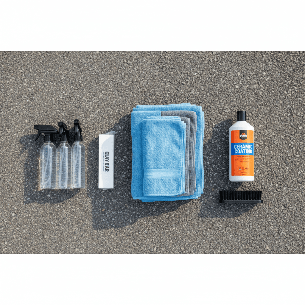 Detailing tools and ceramic coating products arranged on a driveway
