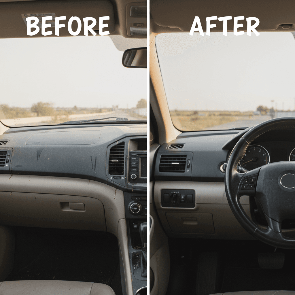Interior dashboard comparison, left dusty with faded surfaces, right fully cleaned with conditioned leather and matte finish.