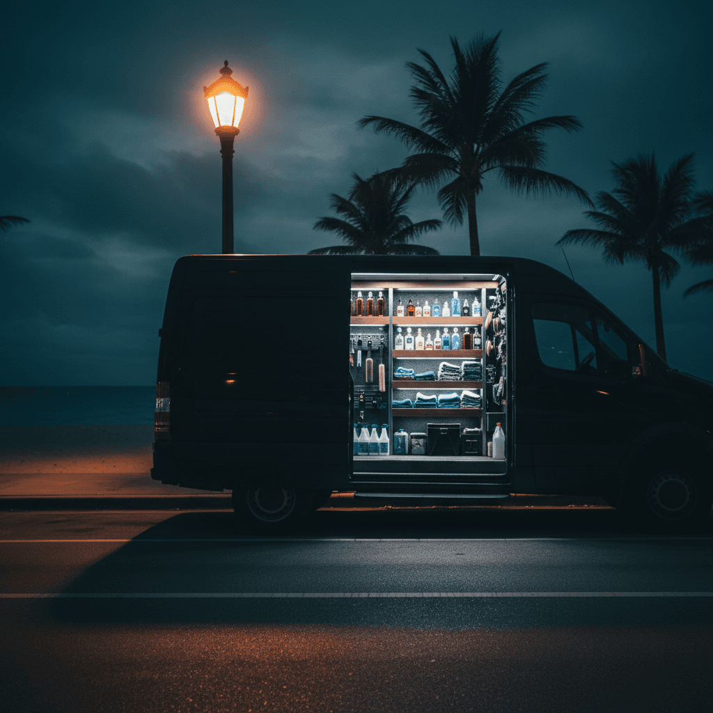 Mobile detailing van parked on a South Beach street at dusk