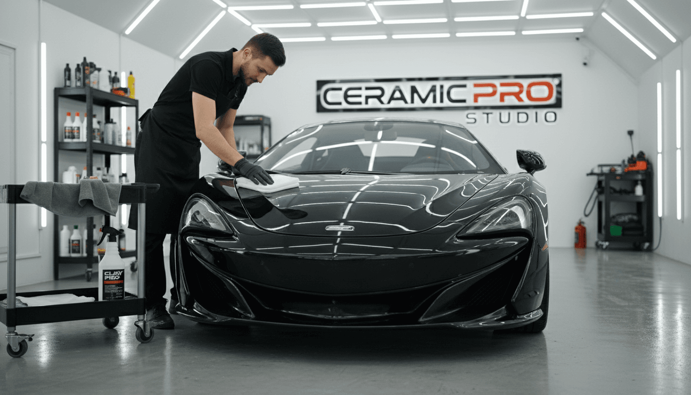 Car hood being clay barred in a detailing shop