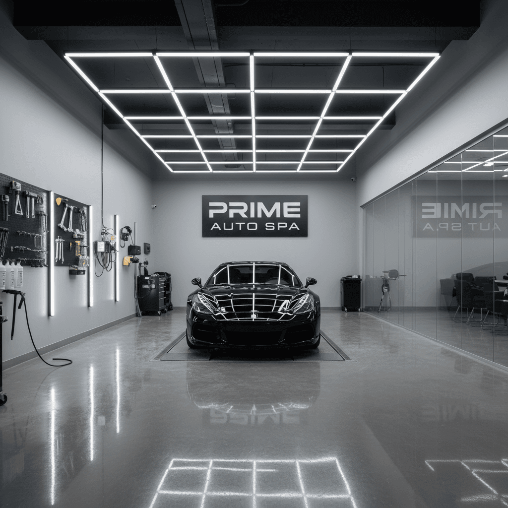 Bright detailing bay with LED lights and polished floor