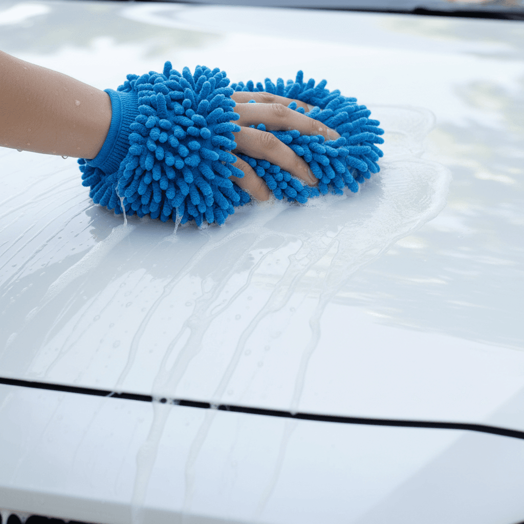 Hand washing a white sedan with microfiber mitt and suds