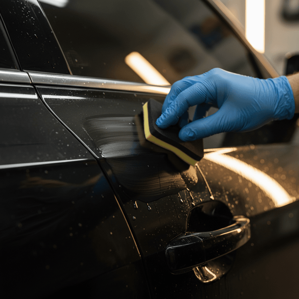 Hand applying liquid ceramic coating to a black car door panel