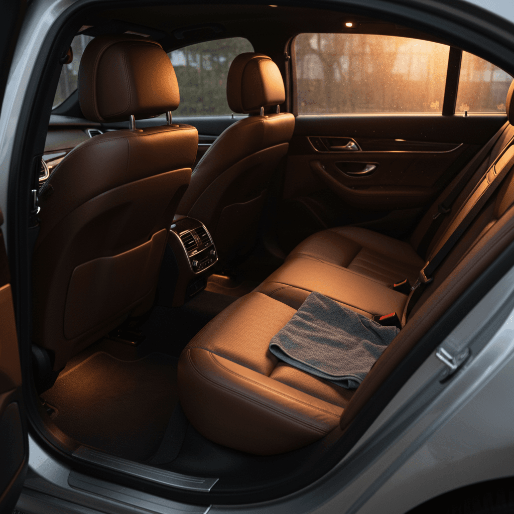 Close-up of conditioned leather back seat after interior detailing showing rich texture and matte finish