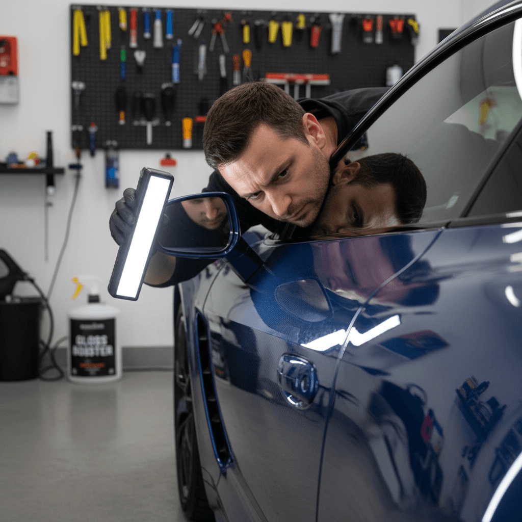 Paint clarity and reflection inspected on ceramic coated door panel