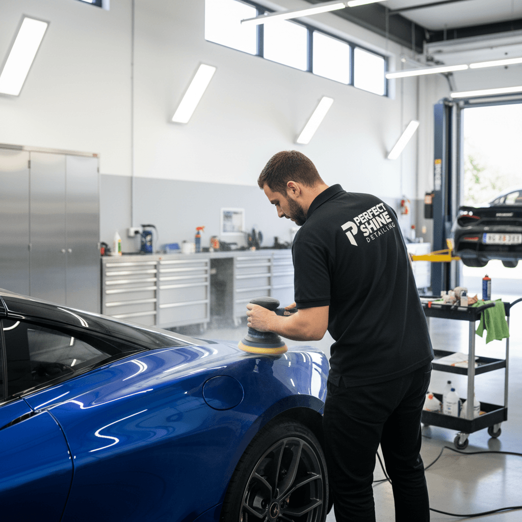 Skilled hand using a buffer to polish a glossy car paint surface