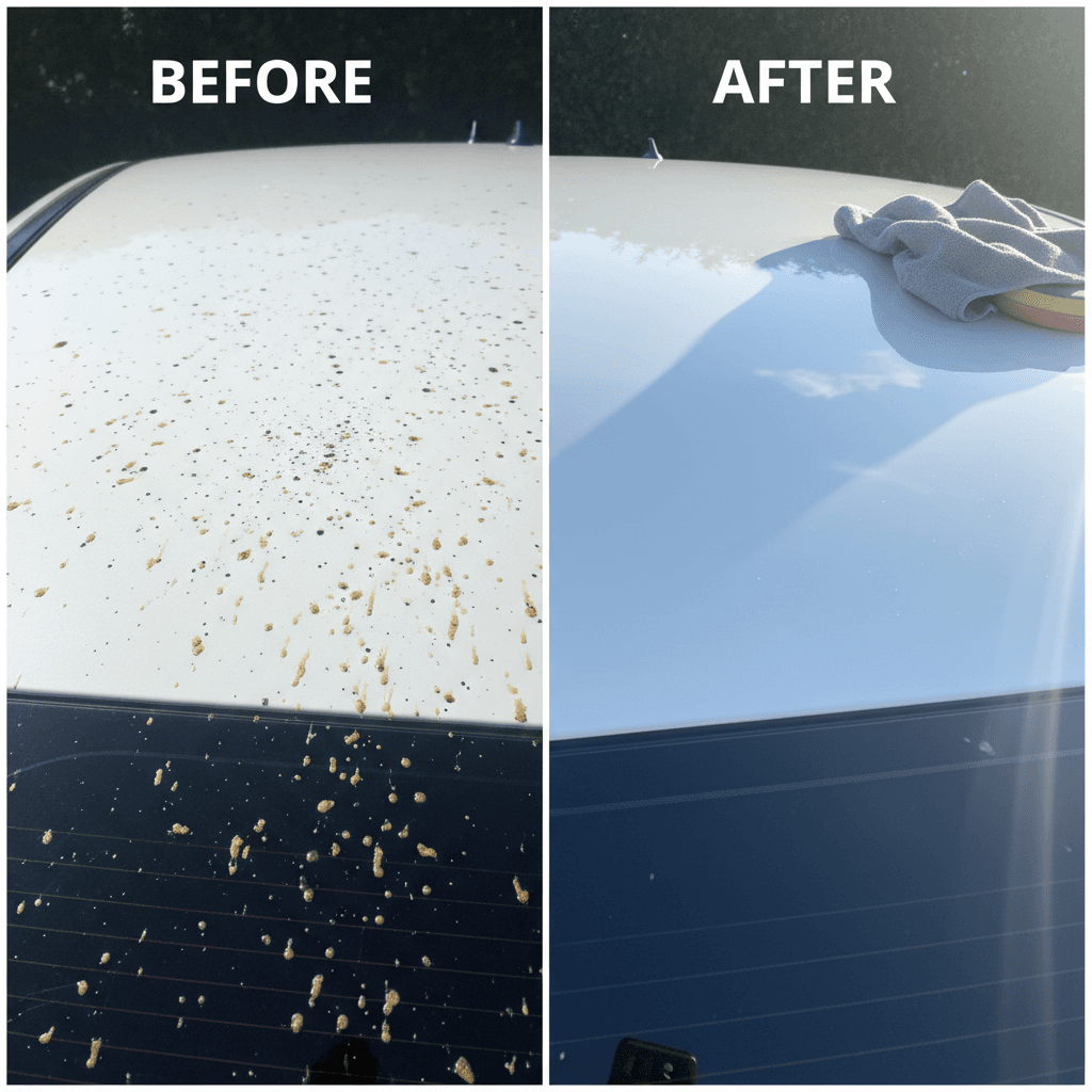 White car roof with tree sap and embedded contaminants before clay bar treatment and clean glossy finish after correction