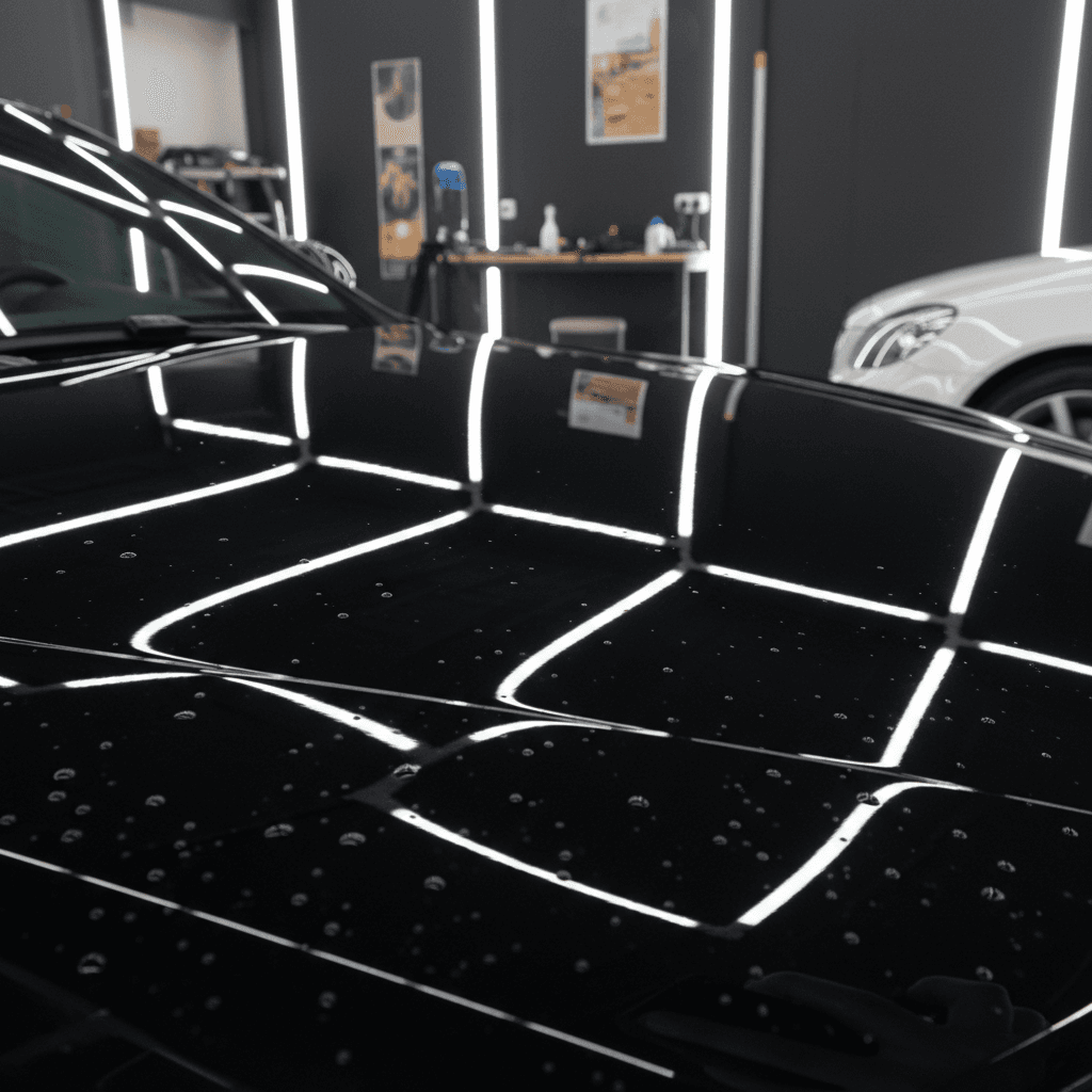 Car paint reflecting light after professional paint correction