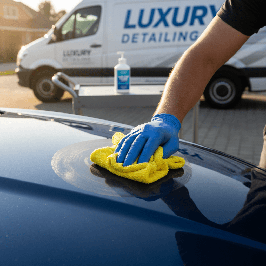 Auto detailer polishing car paint to remove swirl marks