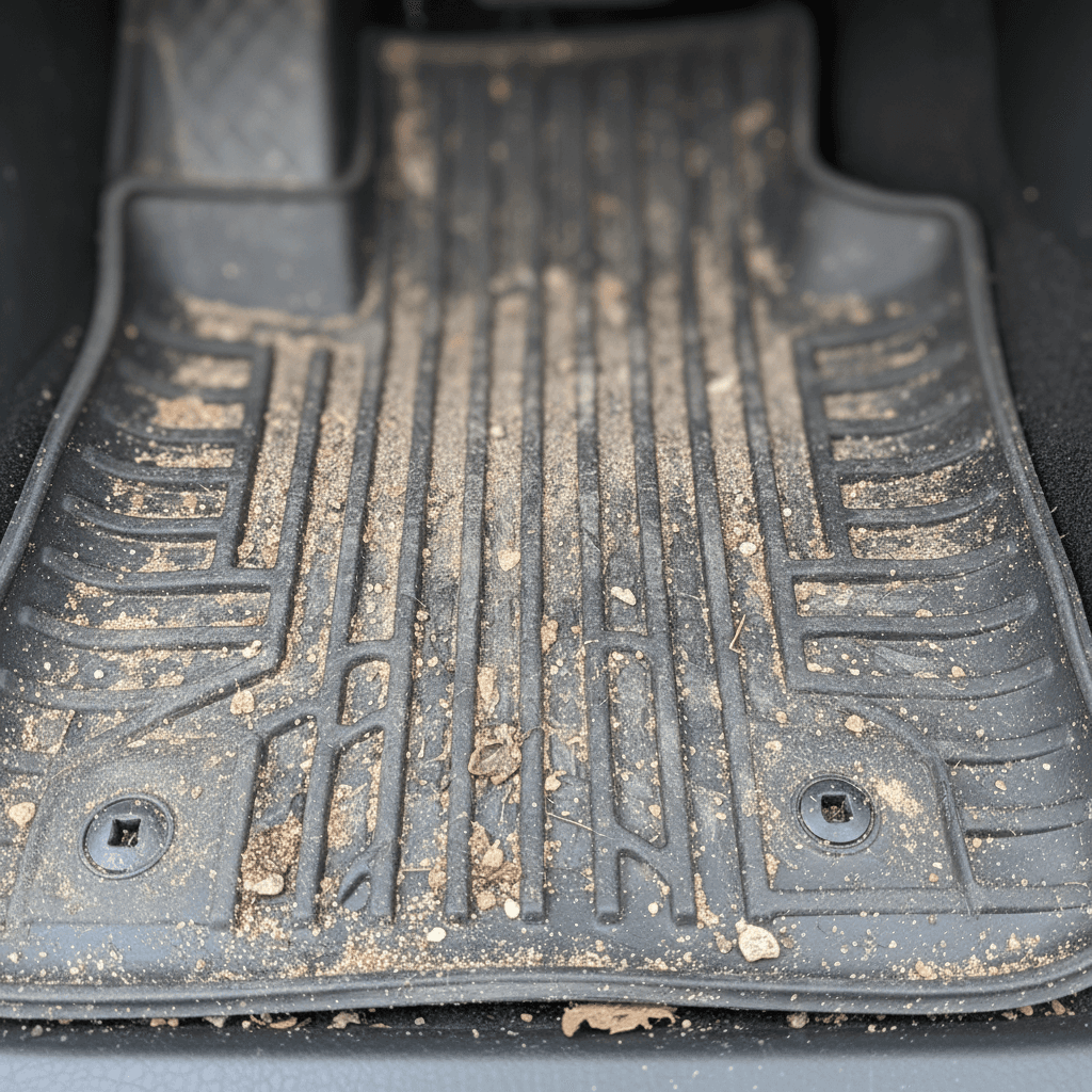 Close up of a car floor mat heavily soiled with dirt and sand before extraction