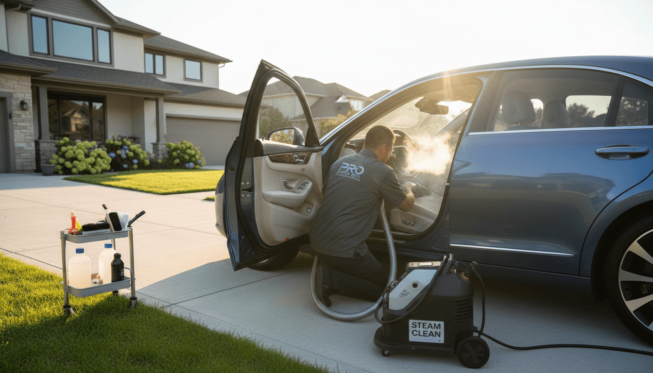 Auto detailer cleaning car interior with steam vacuum in sunlit driveway