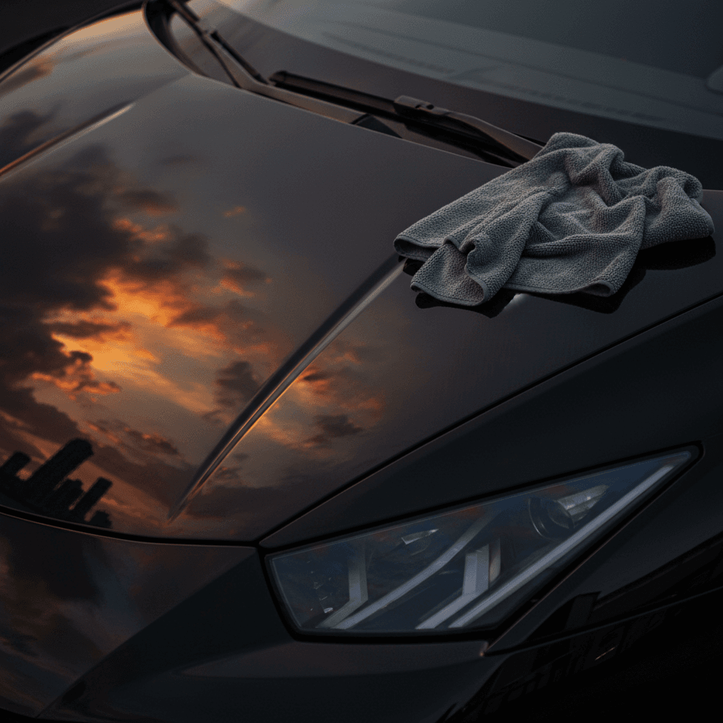 Lamborghini hood reflecting sunset in Miami