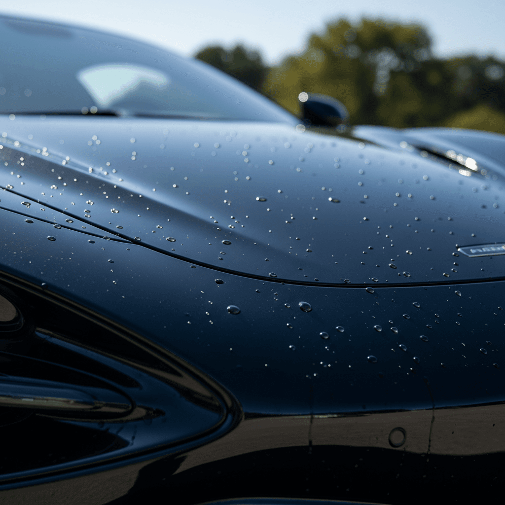 luxury car hood with ceramic coating showing deep gloss and water beading in bright natural light