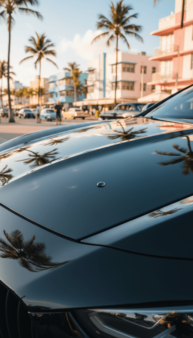 Close-up of a freshly detailed luxury car hood reflecting palm trees and blue sky in South Beach