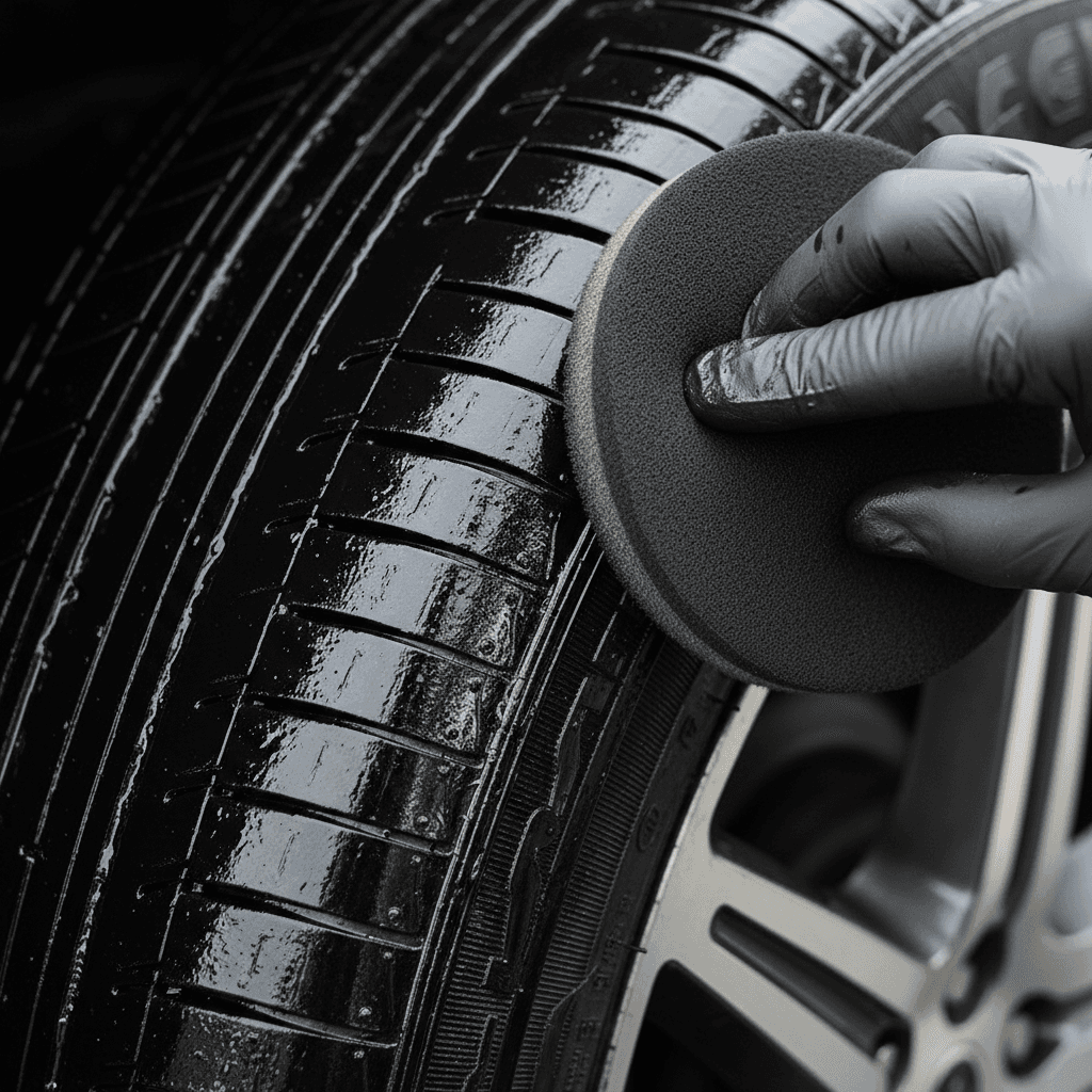 Tire dressing being applied to a clean wheel for a high gloss finish