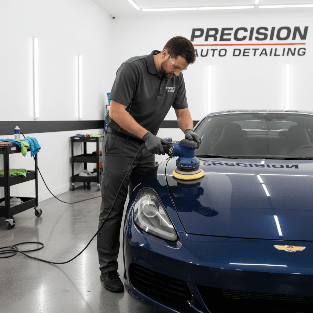 Auto detailer polishing car paint with care in a clean garage