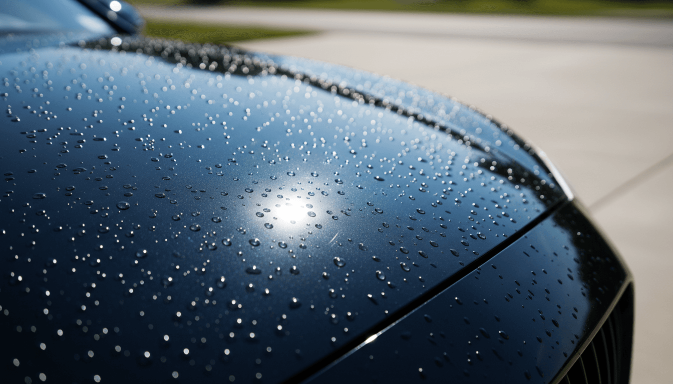 Shiny ceramic-coated car hood with water beading