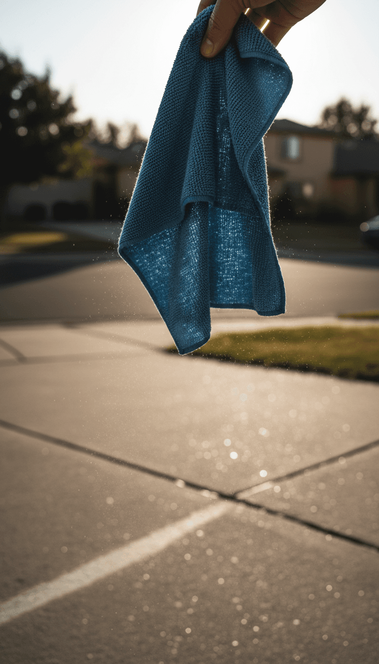 person holding a detailing cloth up to the sunlight