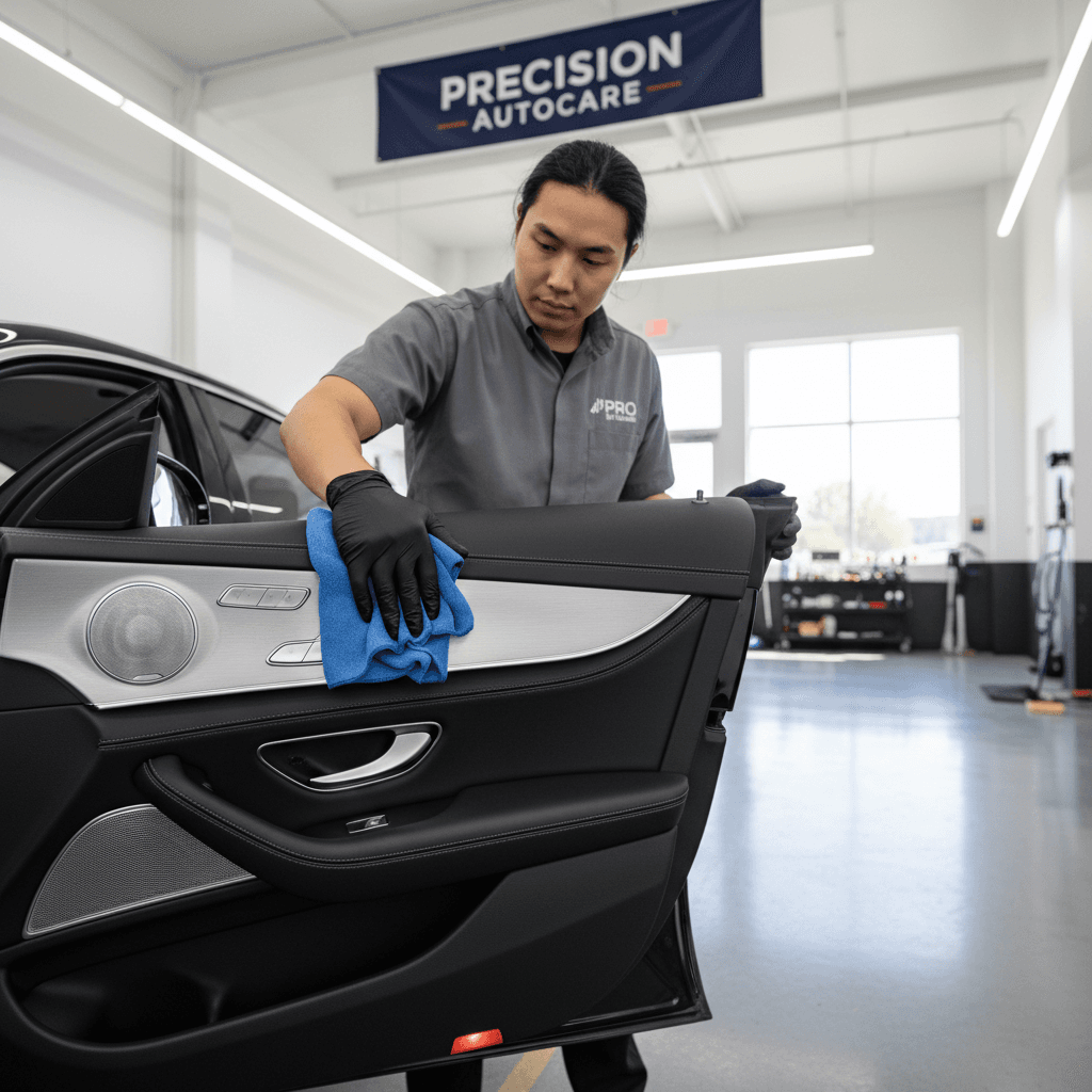 Detailer wiping car door with microfiber cloth