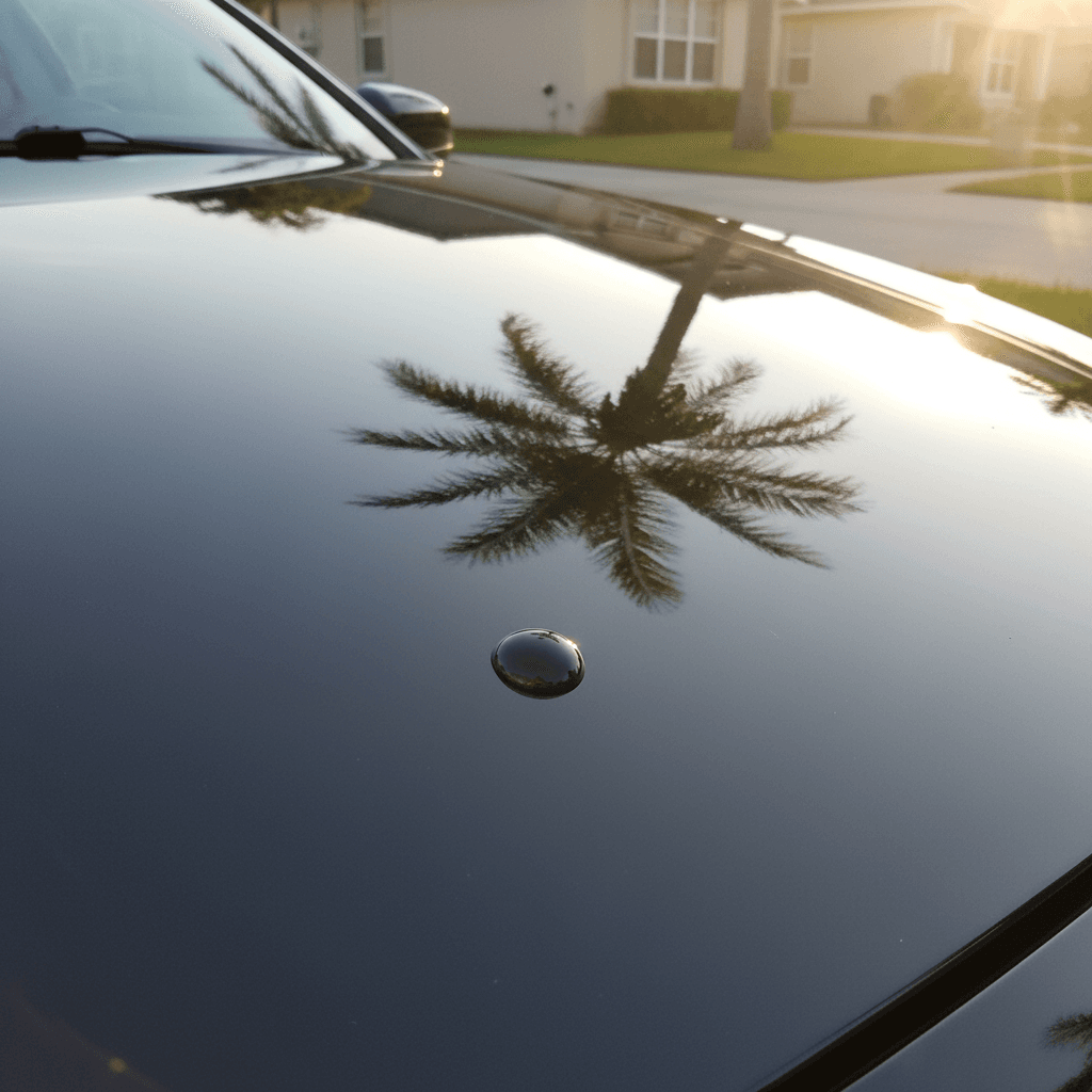 Close-up of a black sedan hood after clay bar treatment showing water beading and paint reflection