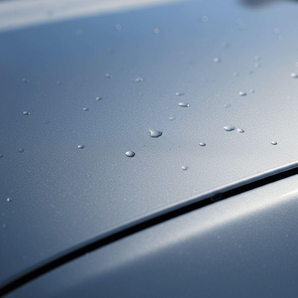 Close-up shot of a silver metallic car paint showing a smooth and glossy mirror finish