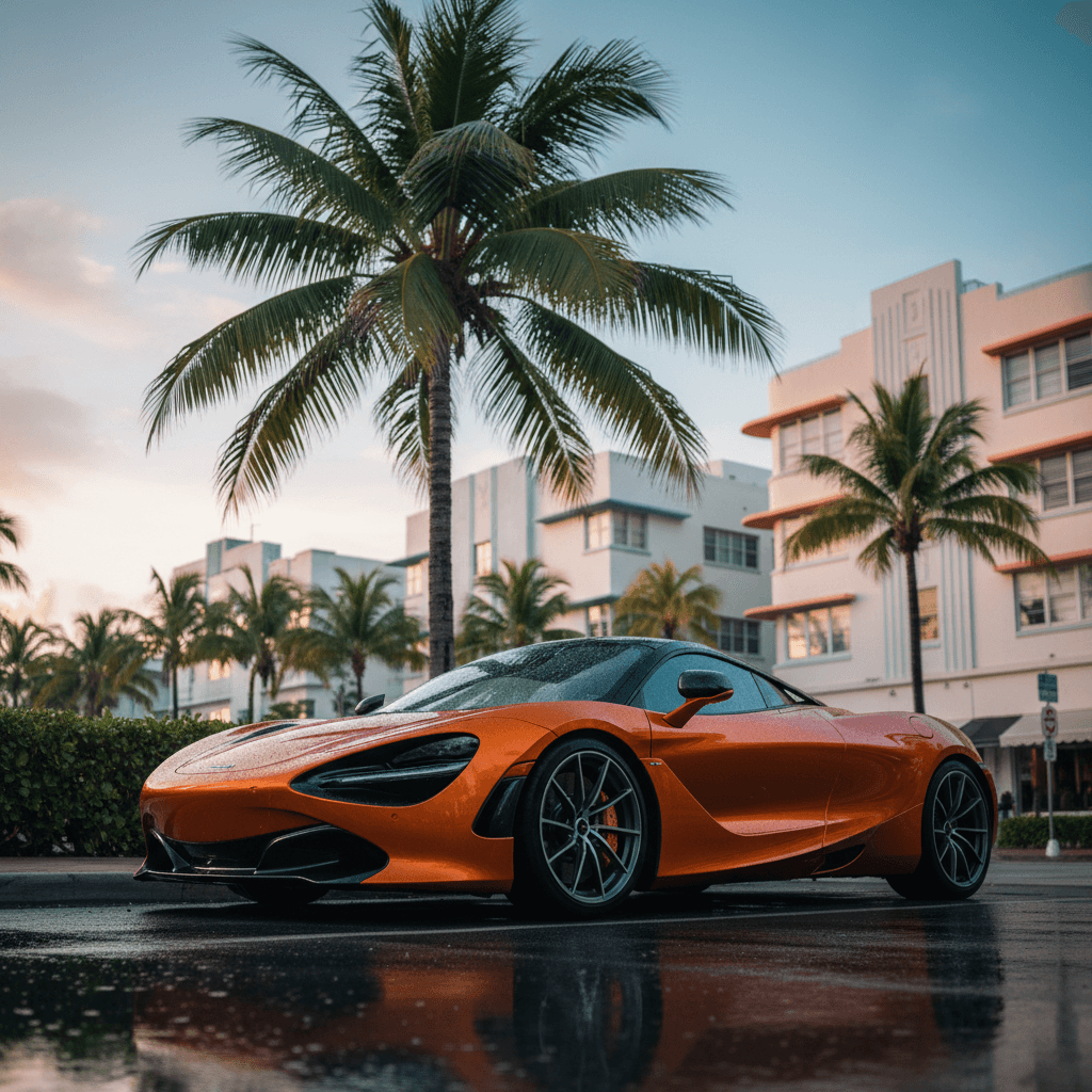 Wet McLaren 720S on a South Beach street after a detail