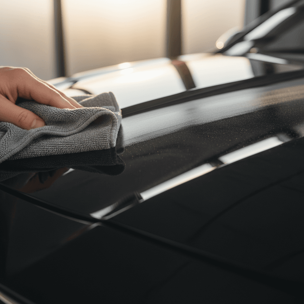 Detailing a car hood with a microfiber cloth
