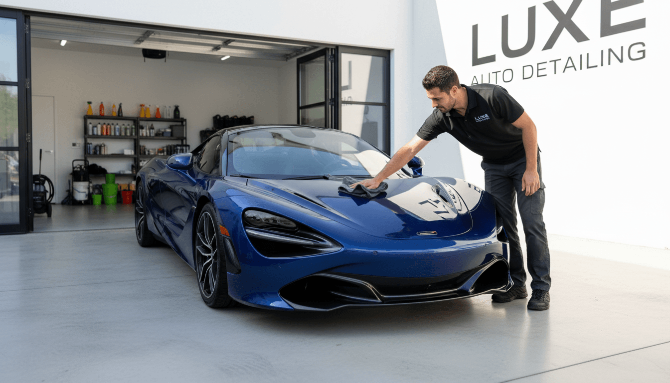 A detailer wipes down a shiny black sedan after a full detail