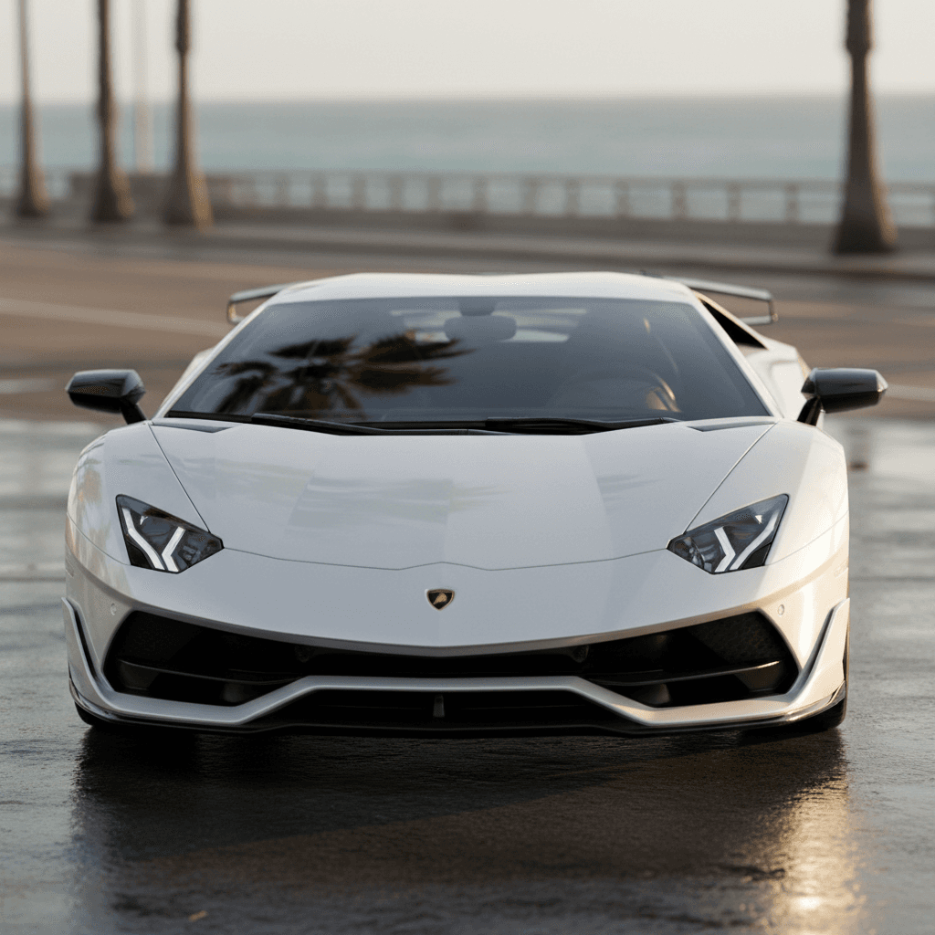 White Lamborghini with ceramic coating, high gloss reflection