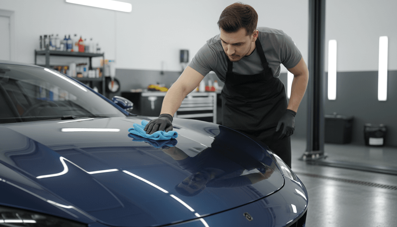 Detailer polishing car hood with microfiber cloth