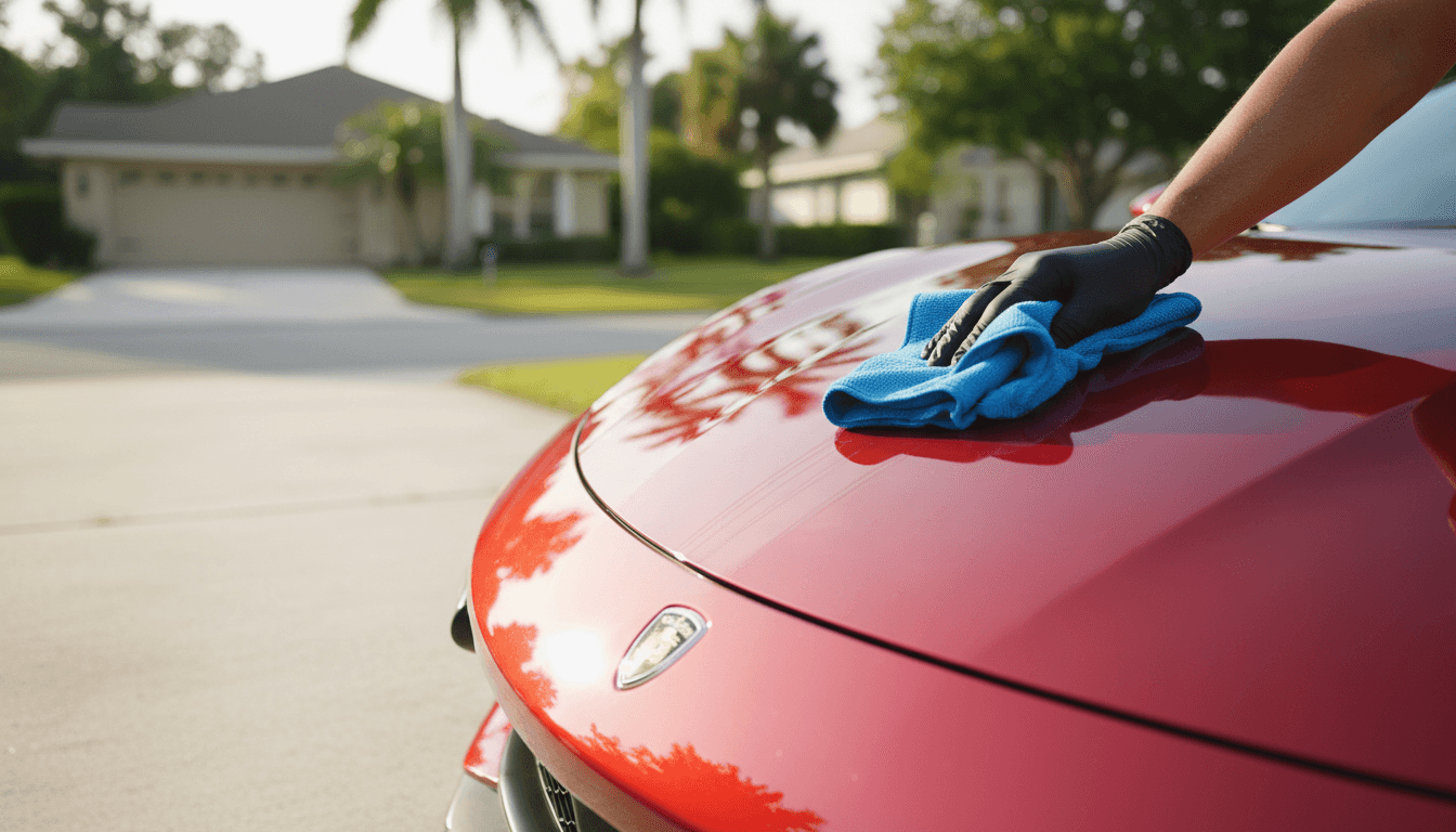 Detailer hand-drying a glossy car hood in a sunny driveway
